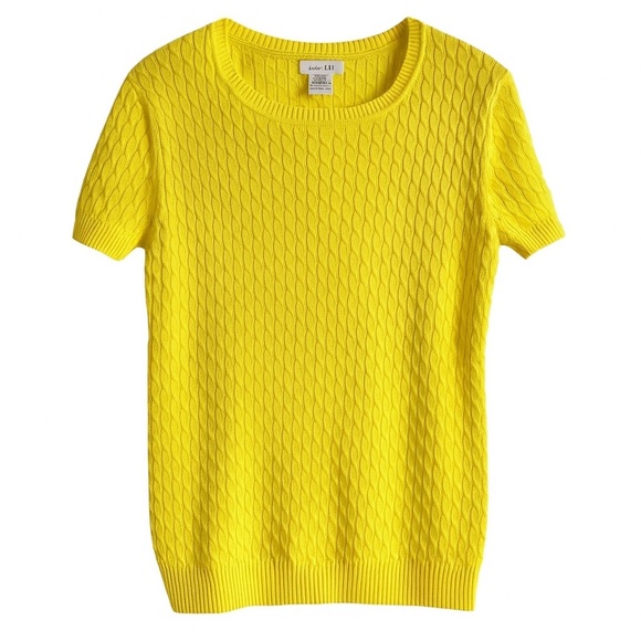 Kate Hill Sweaters - New Kate Hill Cotton Cable Knit Short Sleeve Sweater Yellow Preppy Resort Top M